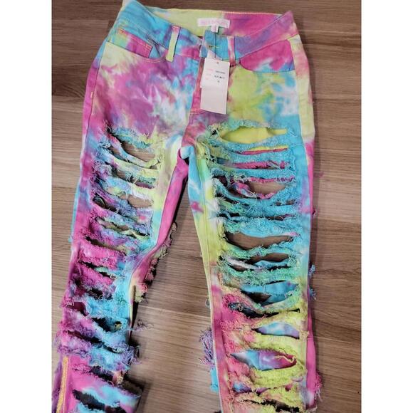 HOT & DELICIOUS   Rainbow  Size Blue Multi Destroyed Jeans NWT #Z - Picture 2 of 10